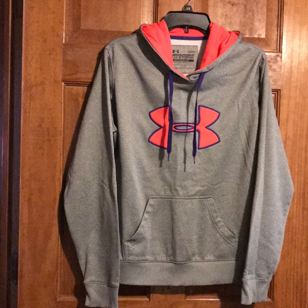 Under Armour women’s hooded sweatshirt size L grey/orange, purple logo